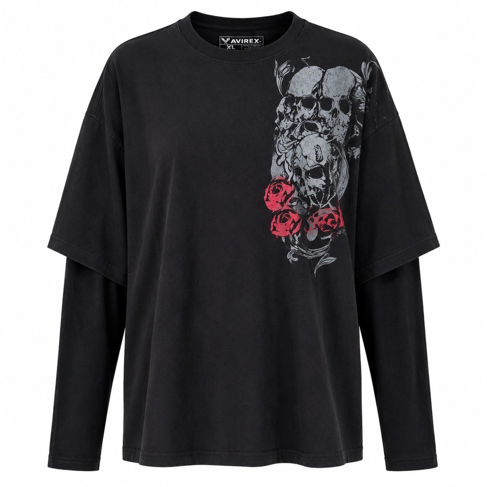 Avirex Black Skull Roses Graphic Long Sleeve Layered Double Sleeve Shirt Size XL